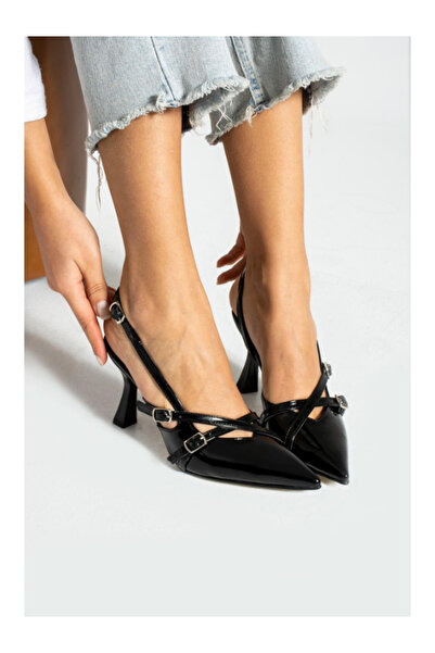 MODA 11 Pantofi cu toc de damă din piele lacuită neagră cu cataramă cu curele...