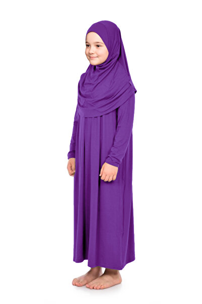 ihvan online Pratik Başörtülü Tek Parça Kız Çocuk Namaz Elbisesi 9-11 Yaş Mor