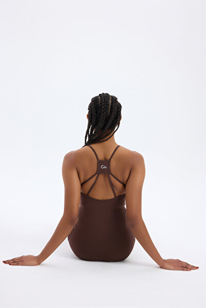 COMEUP İp Askılı Sırtı Çapraz Detaylı Şort Tulum Kakao Kahve