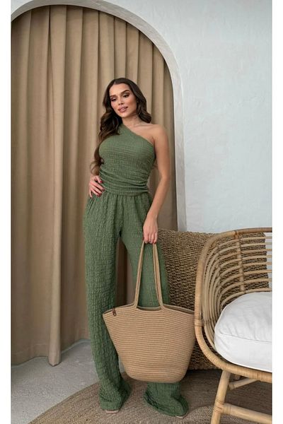 badibadii One Shoulder Seersucker Khaki Suit