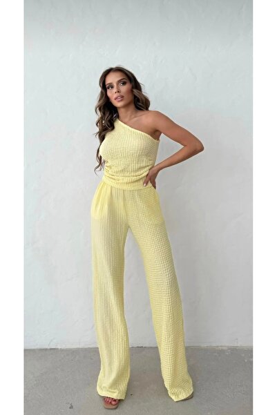badibadii Seersucker Fabric One Shoulder Yellow Suit