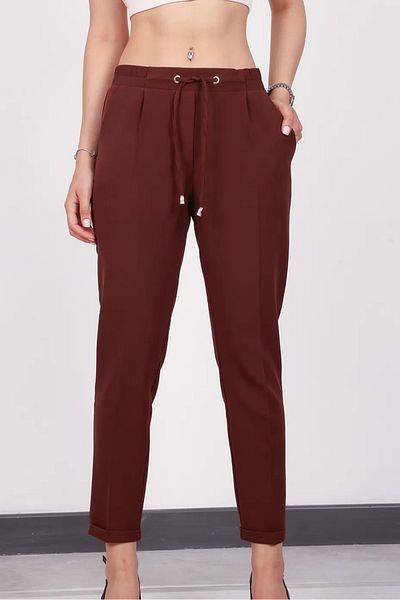 Stil Sepeti Women's Coffee High Waist Elastic Narrow Leg Double Pocket Pants Drl-1000464793