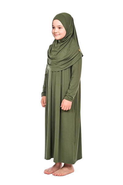 ihvan online Pratik Başörtülü Tek Parça Kız Çocuk Namaz Elbisesi 9-11 Yaş Haki