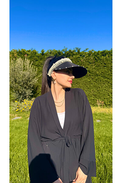 Luminos Butik Siyah İnci Detaylı Şık Hasır Vizör Şapka Oval Tasarım Yaz Aksesuarı HSR2086