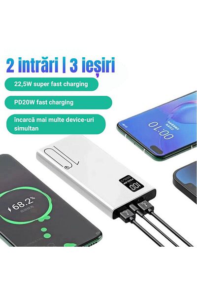 OEM Ultra Slim External Battery with 22.5W Fast Charging, 10000mAh, Digital Display, White