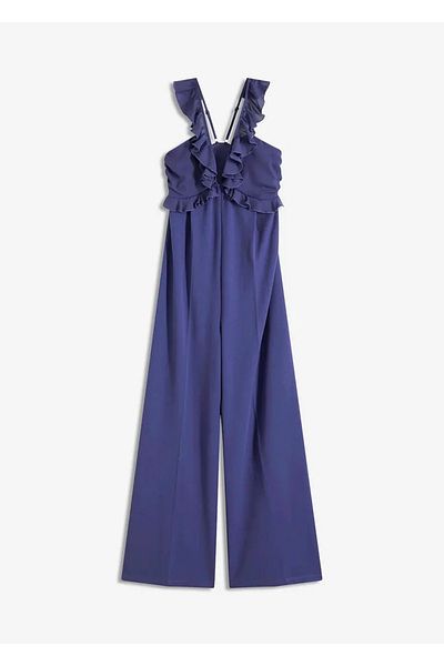 Şans Salopetă elegantă Indigo, mărime mare, pentru femei, cu detaliu din șifon, cu decolteu adânc 65N38960