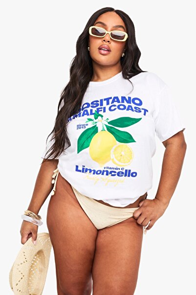 The Champ Clothing Plus Size Women's T-Shirt 100% Cotton Lemon Printed White Oversize Summer Model