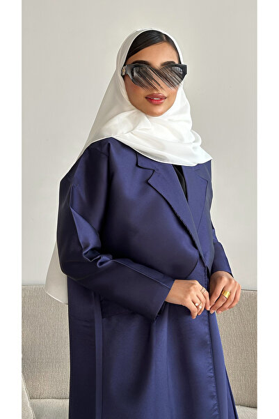 outline Luxurious navy blue blazer abaya with elegant mikado design