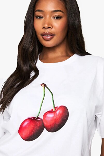 The Champ Clothing Women's Oversize White T-Shirt Cherry Printed Summer 100% Cotton Plus Size
