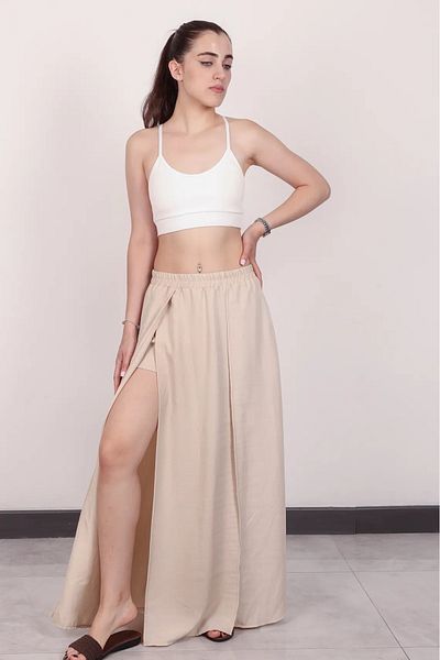 Stil Sepeti Fusta maxi de damă, bej, cu talie înaltă, elastică, cu fante duble DRL-1000763124