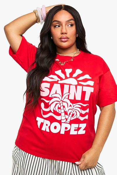 The Champ Clothing Tricou pentru femei de mărime mare, 100% bumbac, roșu, oversize SAINT TROPEZ, model de vară imprimat de vară