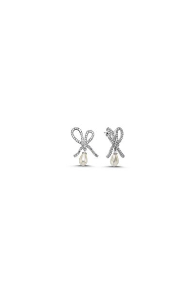 Birinci1926 925 Ayar Gümüş Zirkon Taşlı Fiyonklu Beyaz Damla Inci Küpe