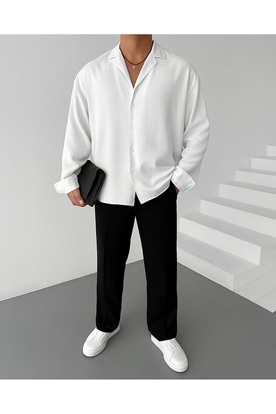 NO1 KONSEPT White Linen Aerobin Textured Loose Fit Long Sleeve Oversize Shirt