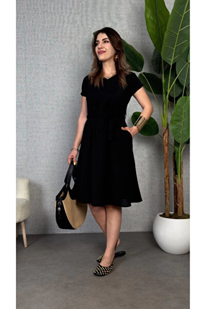 Genel Markalar Kadın Kısa Kollu V Yakalı Beli Kuşaklı Ithal Keten Elbise