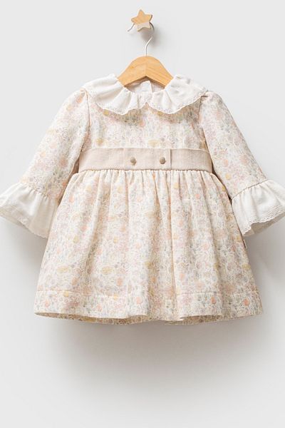 MixMax Bebe Baby Girl Floral Patterned Ecru Color Elegant Dress 100% Cotton