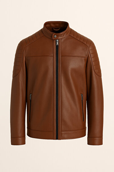 Redmont Atelier Erkek Taba Dik Yaka Suni Deri Ceket | Yıkanabilir Mat Deri & ...