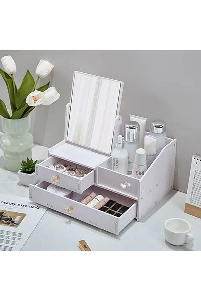 QGC Organizer for Cosmetics with Mirror, Drawers, 28.5x20x15.5cm, White
