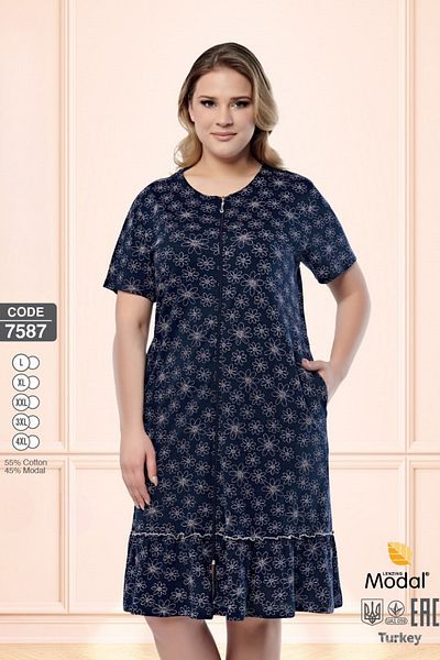 ROMEO LİFE Women's Plus Size Cotton Modal Fabric Zipper Patterned Summer Dress