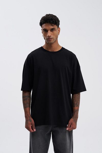 Machinist Tricou negru oversize din bumbac de bază pentru bărbați