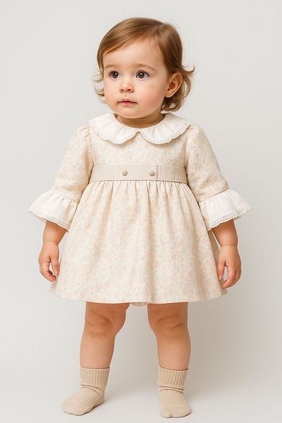 MixMax Bebe Baby Girl Floral Patterned Ecru Color Elegant Dress 100% Cotton