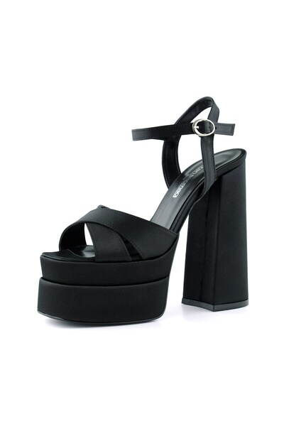 Erkan Saçmacı Whitney Black Satin Open Front Back Double Platform Strappy Thick Heeled Evening Dress Shoes