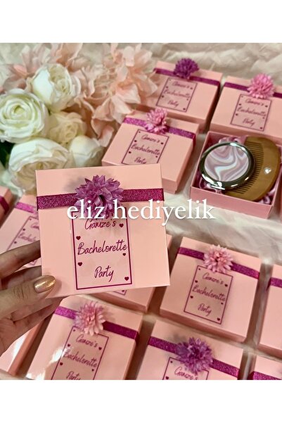 eliz 3 Adet Bride Seti Hediyelik Pembe Saten Toka - Gümüş Ayna - Ahşap Tarak