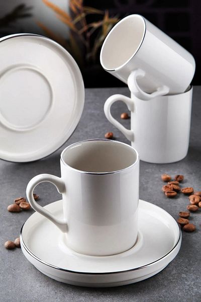 Kitchen Life 12 Pieces Stackable Platinum Silver Gilt Coffee Cup Set for 6 People - Coffee Cup Set 100ml
