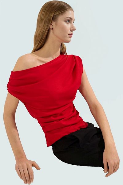 PayBuy Women's Asymmetrical Collar Short Sleeve Knitted Blouse Daily Stylish Style Comfortable Use Zarifane Design