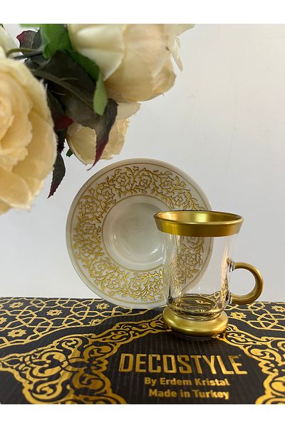 DECOSTYLE Bahar Gold Patterned Porcelain Plate 12 Piece Tea Set with Handles