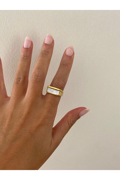 stainless steell Steel Adjustment Rectangular Pearlescent Gold Ring