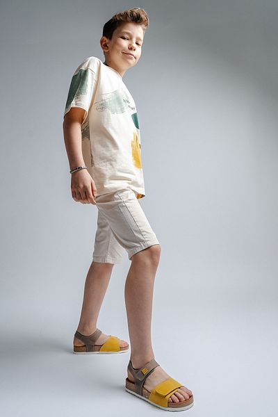 mnpc Sandale pentru copii unisex, gri-galben, din piele naturală, cu talpă din plută