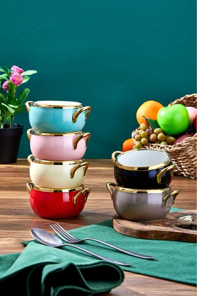 Paçi Muba Consept Porcelain Colored Handle Gold Solided Bowl of 6