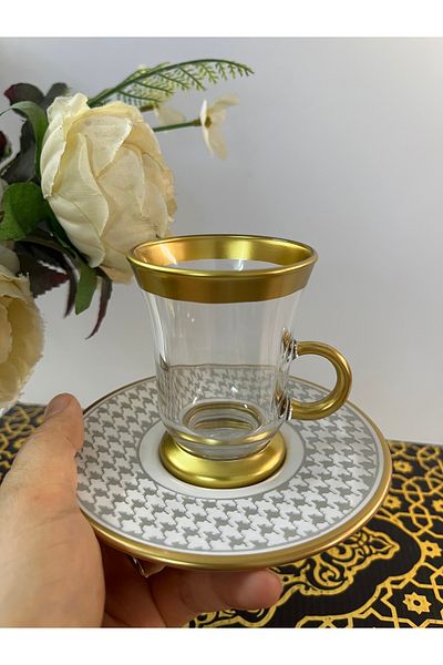 DECOSTYLE طقم شاي مكون من 12 قطعة بمقبض منقوش على شكل مطرقة مع طبق بورسلين ذهبي
