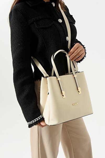 Sanmorris Women's Long Strap 4 Compartments Simple Stylish Cream Colored Shoulder and Hand Bag with Gold Accessories
