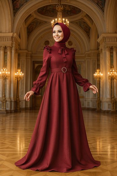 Neva Style Rochie de seara musulmana burgundy cu detaliu pe umeri si decolteu 27240br