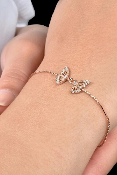 jelux silver Gümüş 925 Ayar Kelebek Zincirli Zirkon Taşlı Rose Bileklik