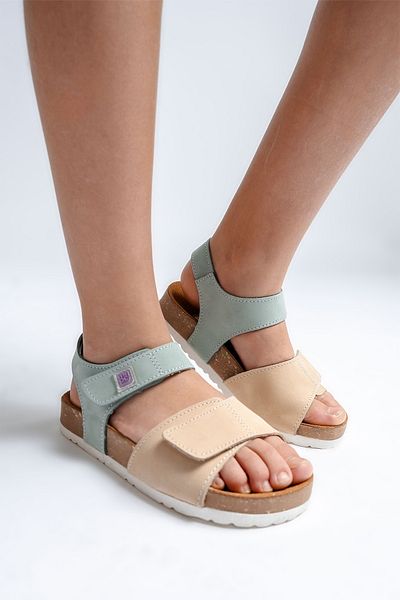 mnpc Unisex Children's Yellow-Water Green Genuine Leather Cork Sole Daily Children's Sandals