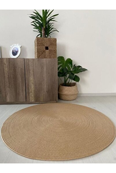 Halımax Milda 37 Jüt Örgü Çift Taraflı Jüt Kilim Yuvarlak Hasır Kahverengi Jüt Halı Bohem Dekoratif Halı