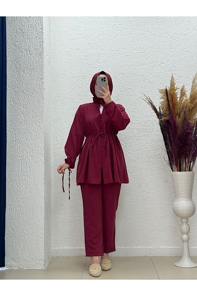 MİHRA STORE Tiredra Ribbed Stitching Detailed Suit-Eu2800 Claret Red