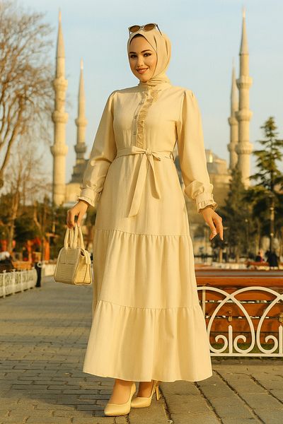 Neva Style فستان حجاب بيج - طبقات مطوي، موديل 617BEIGE