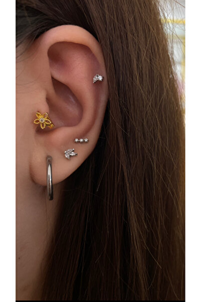 Siminkari 925 Ayar Gümüş Üzerine Mikron Altın Kaplama Çicek Halka Piercing Tragus Helix