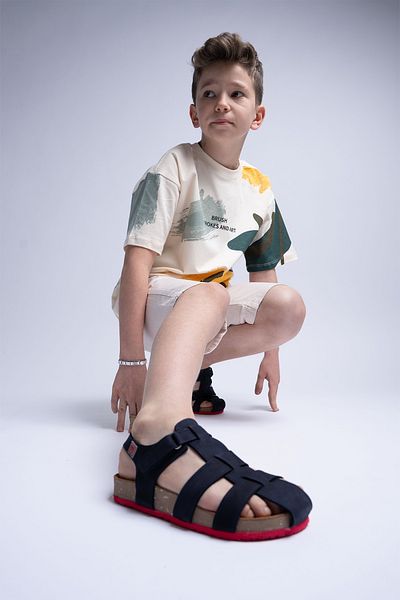 mnpc Unisex Children's Navy Blue Genuine Leather Cork Sole Daily Children's Sandals