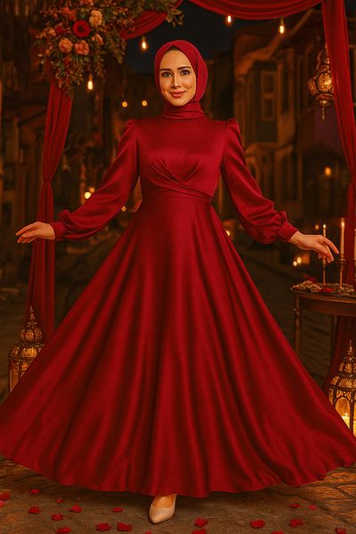 Neva Style Rochie de seara hijab rosie cu detaliu de siret 3064k