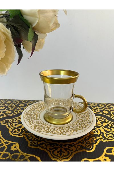 DECOSTYLE Bahar Gold Patterned Porcelain Plate 12 Piece Tea Set with Handles