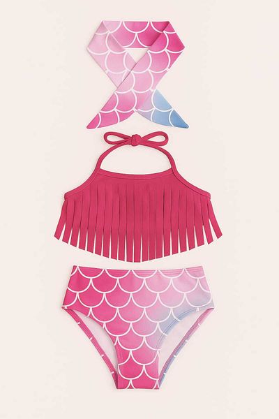 My Kids Wear Bandana Ruffle Detailed High Waist Girls' Swimsuit Set