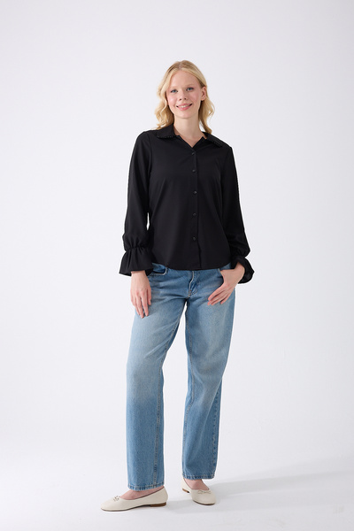 fumel Women's Black Drawstring Sleeve Lace Collar Detailed Woven Shirt