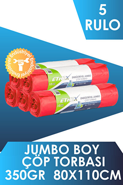 Ethex Endüstriyel Jumbo Boy Çöp Torbası (10 Adet 350gr 80 x 110cm 90lt KIRMIZ...
