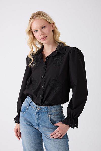 fumel women's clothing Women's Black Scallop Detailed Vintage Embroidered Shirt