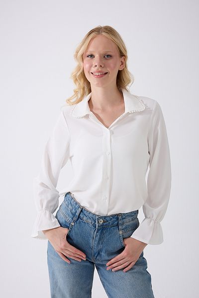 Fumel Women's Ecru Drawstring Sleeve Lace Collar Detailed Woven Shirt