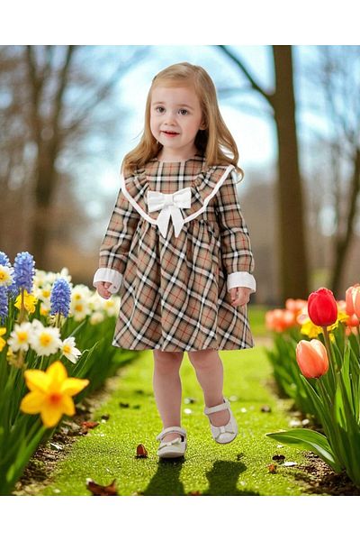 Mymio Plaid Patterned Bow Baby Girl Dress - Long Sleeve, Cotton, 6-24 Months